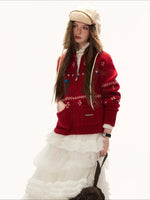 Red Snowflake Bunny Print Knit Cardigan