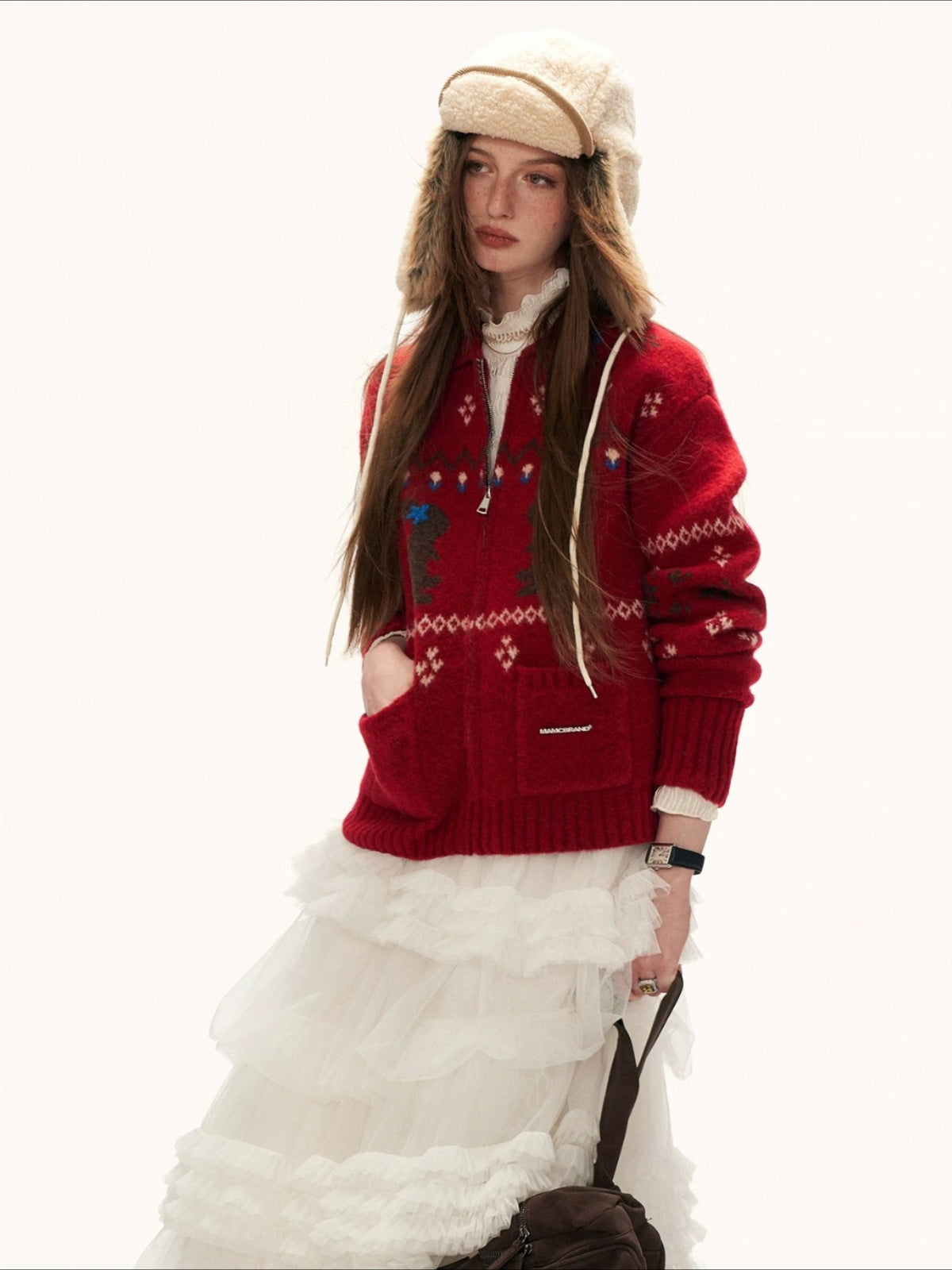 Red Snowflake Bunny Print Knit Cardigan