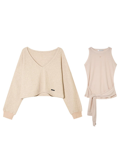 Waffle Knit V-Neck Pullover &amp; Tie Vest Set with Wide-Leg Pants