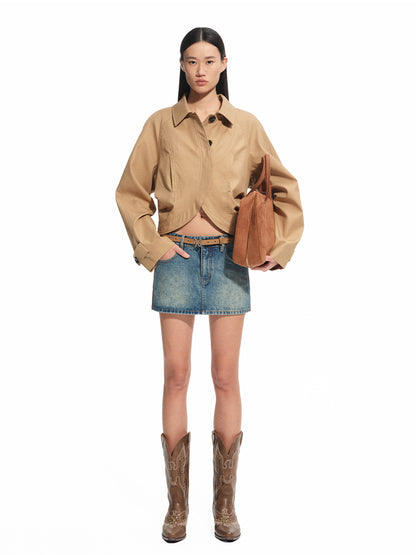 Vintage Washed Twill Patchwork Leather Straight Short Skirt