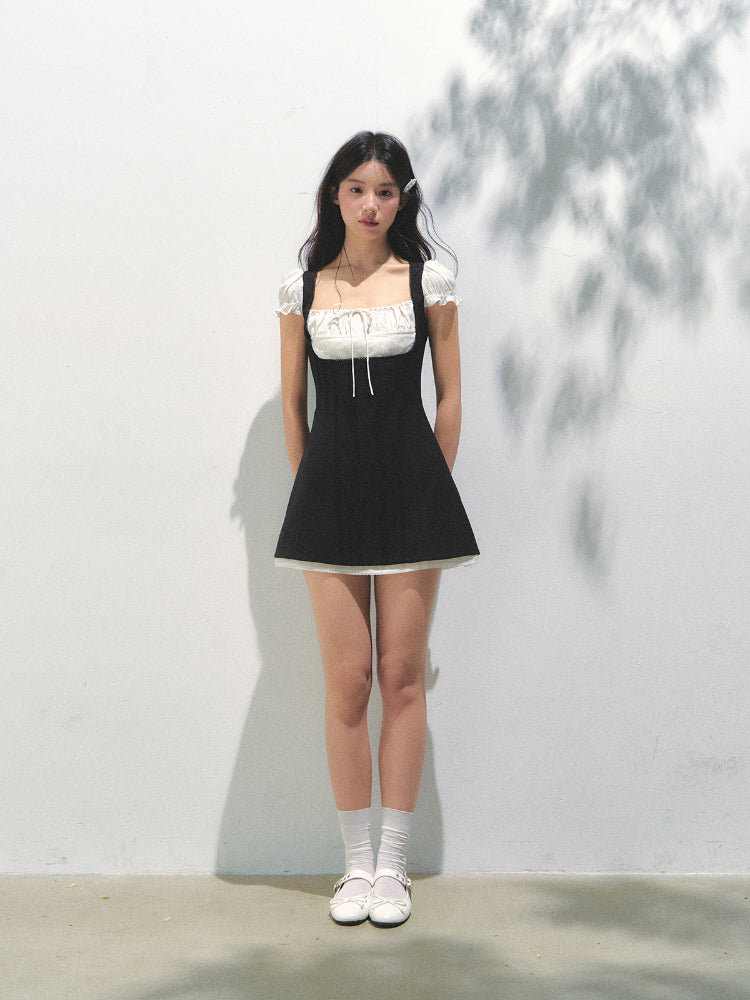 Black-White Contrast Two-piece Square Neck Dress