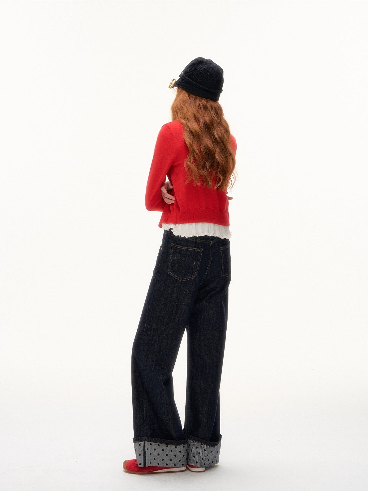 Contrast Cuff Polka Dot Denim Pants