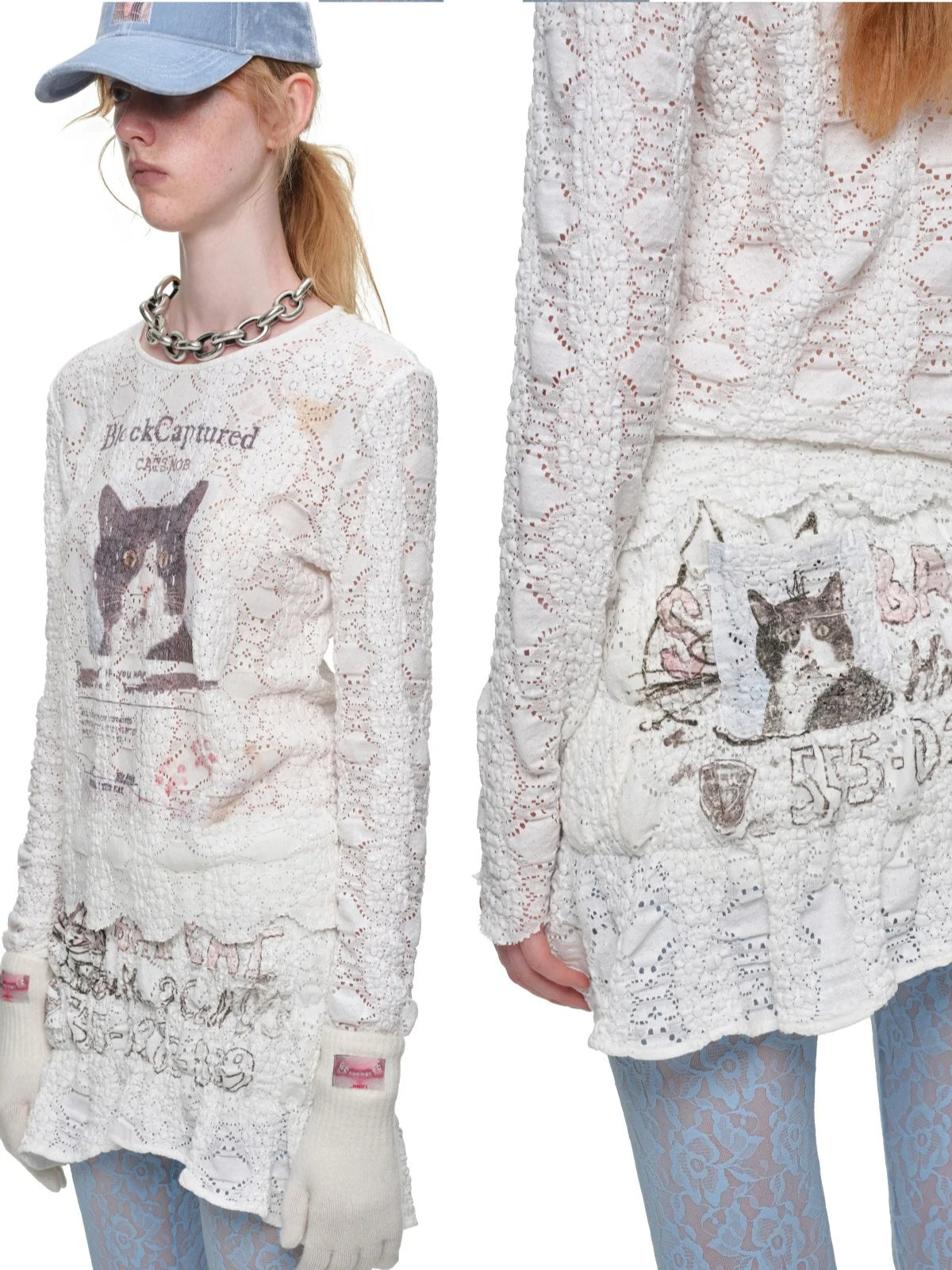 Cat Print Asymmetric Lace Set