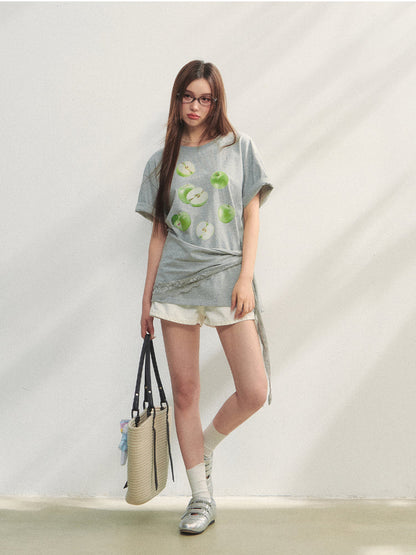 Fruit Print Lace-Trimmed Tie-Up T-shirt