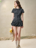 Gray Plaid Doll Collar Lace Waist Shirt & Cami Set