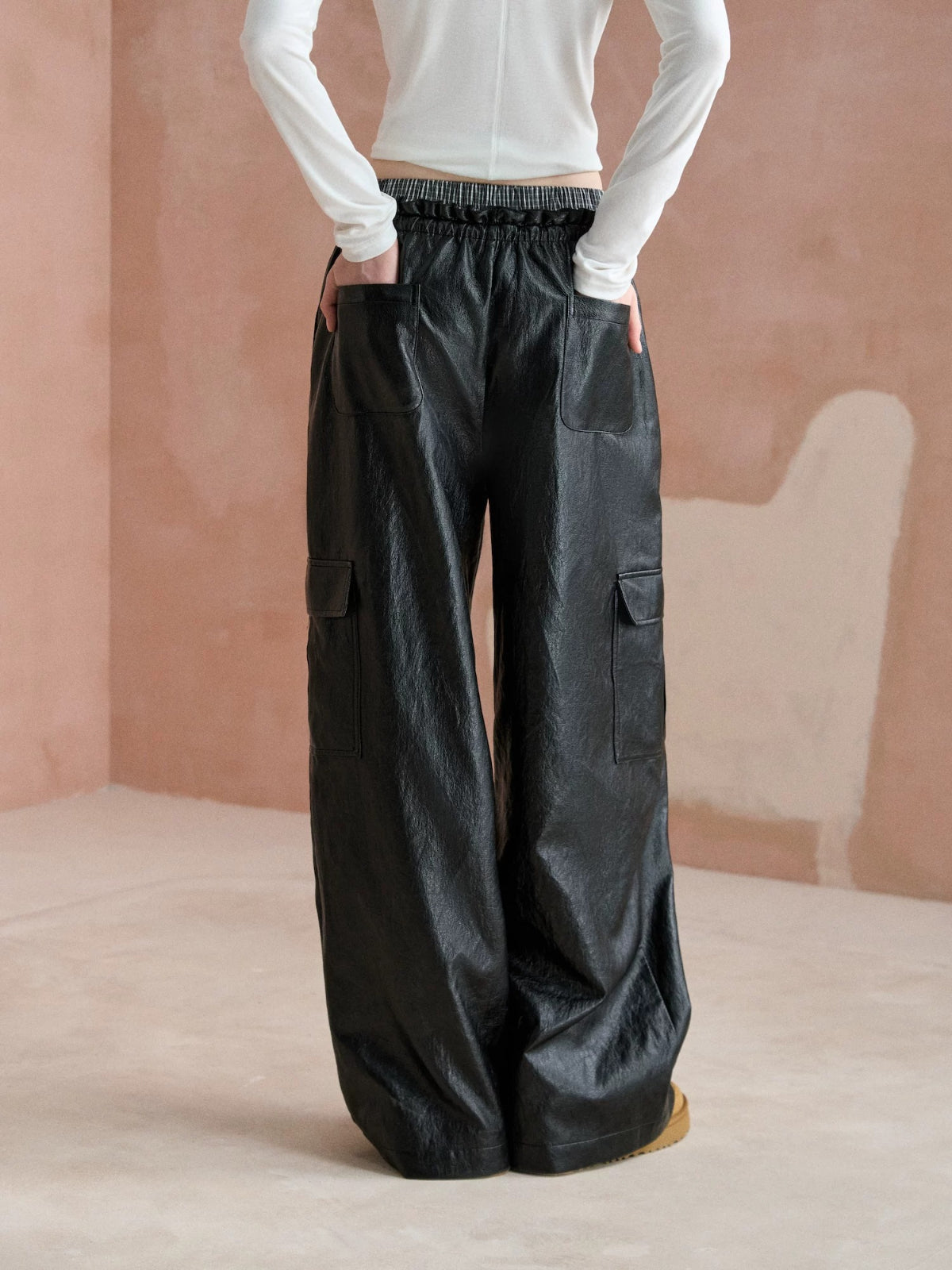 Double Waist Faux Leather Pants