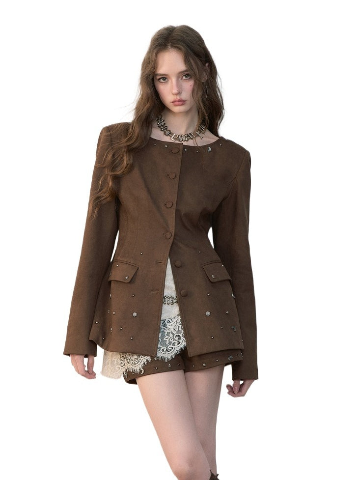 Brown Studded Suede Cinched Jacket
