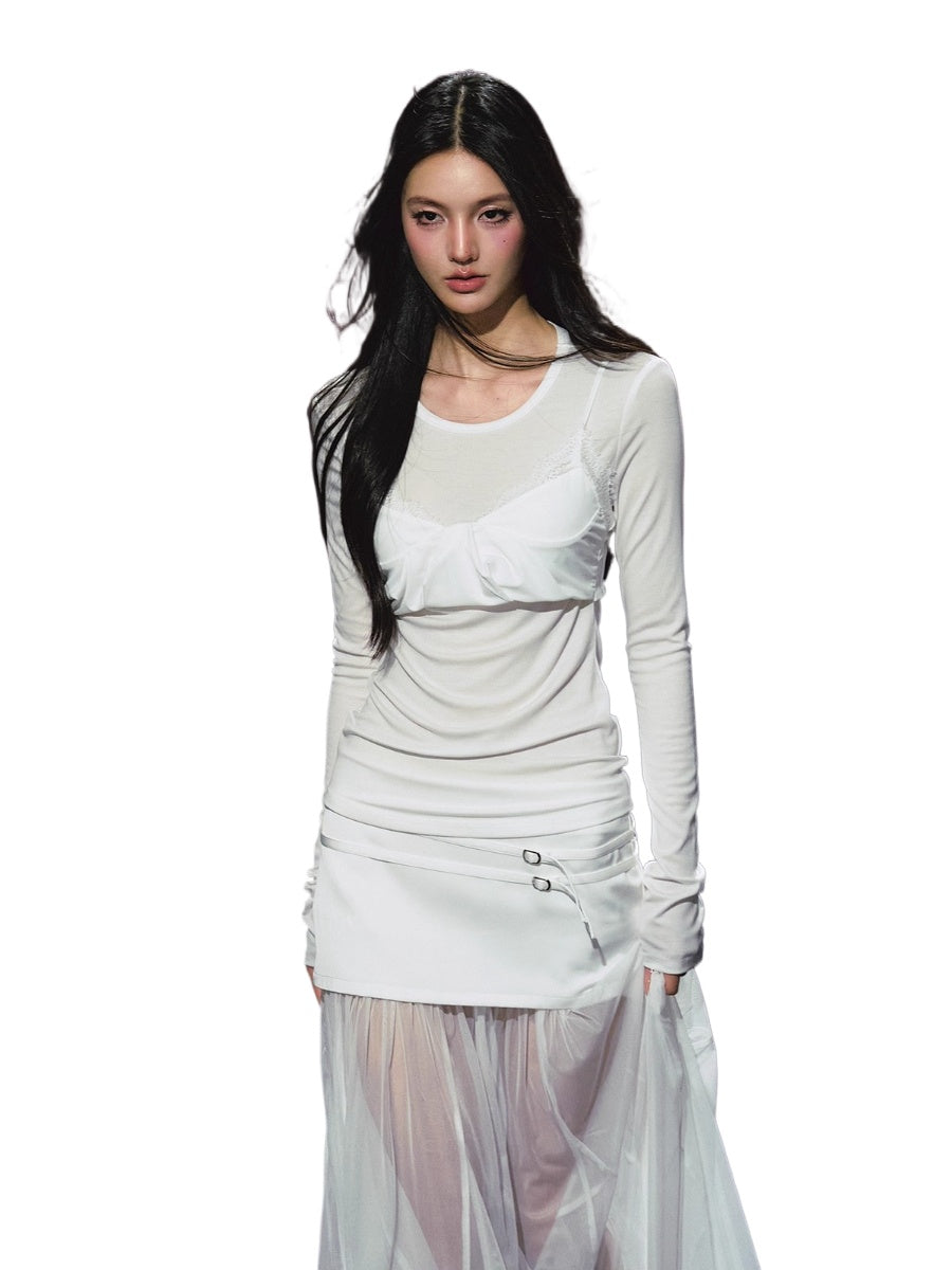 Lyocell Fake Two-piece Sheer Blouse & Skirt Set
