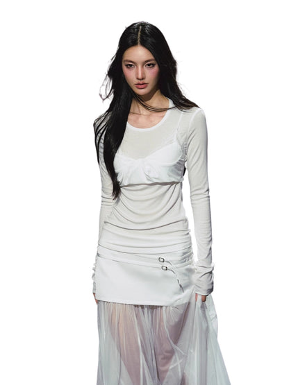 Lyocell Fake Two-piece Sheer Blouse &amp; Skirt Set
