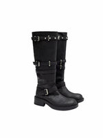 Distressed Stud Strap Mid-Calf Boots