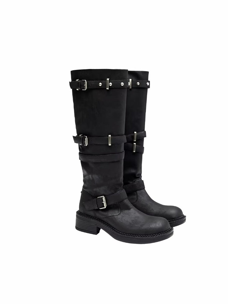 Distressed Stud Strap Mid-Calf Boots