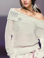Snowflake Rhinestone Off-Shoulder Sweater