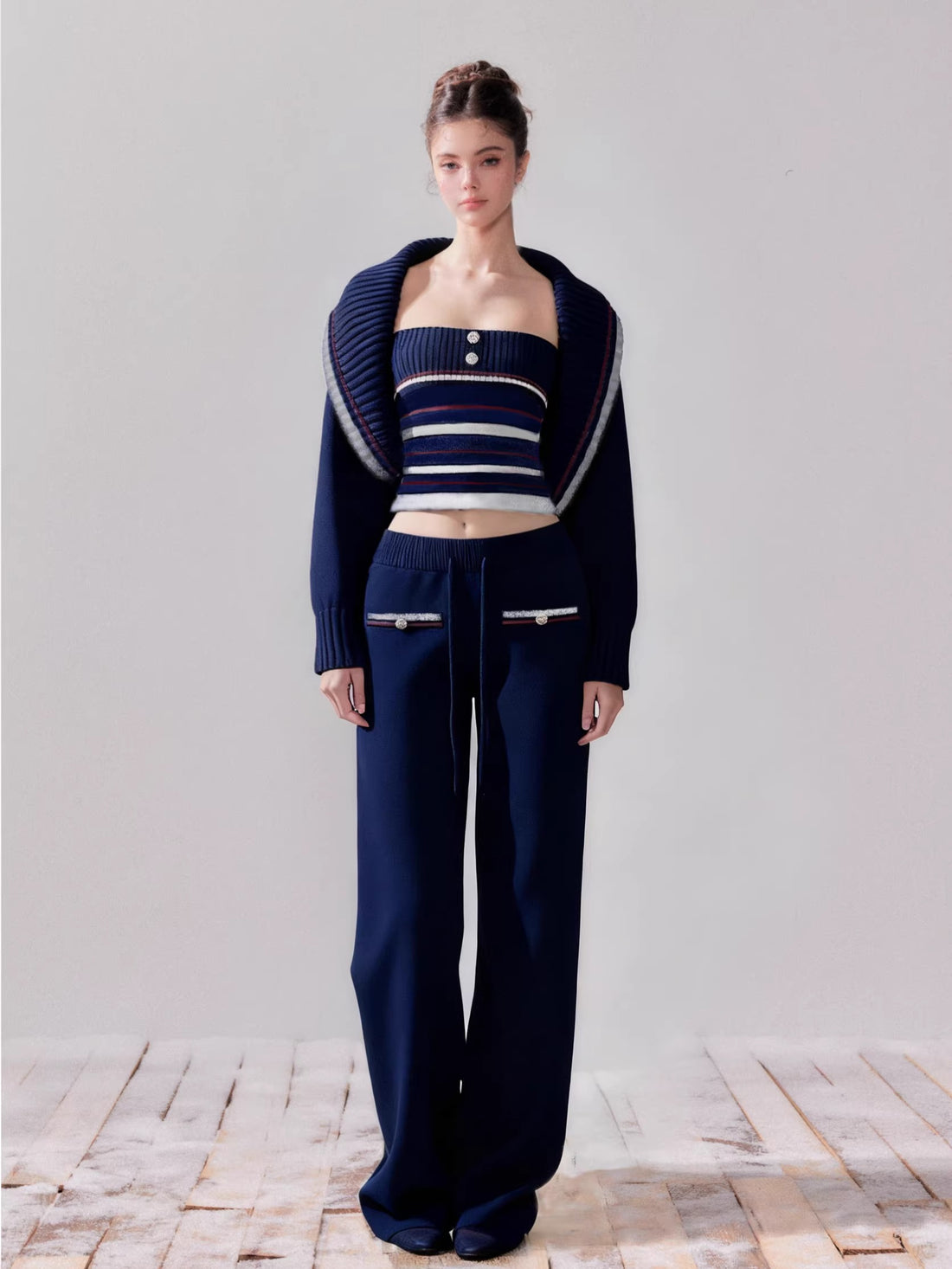 Navy Blue Striped Oversized Collar Knit Cardigan and Pants Set