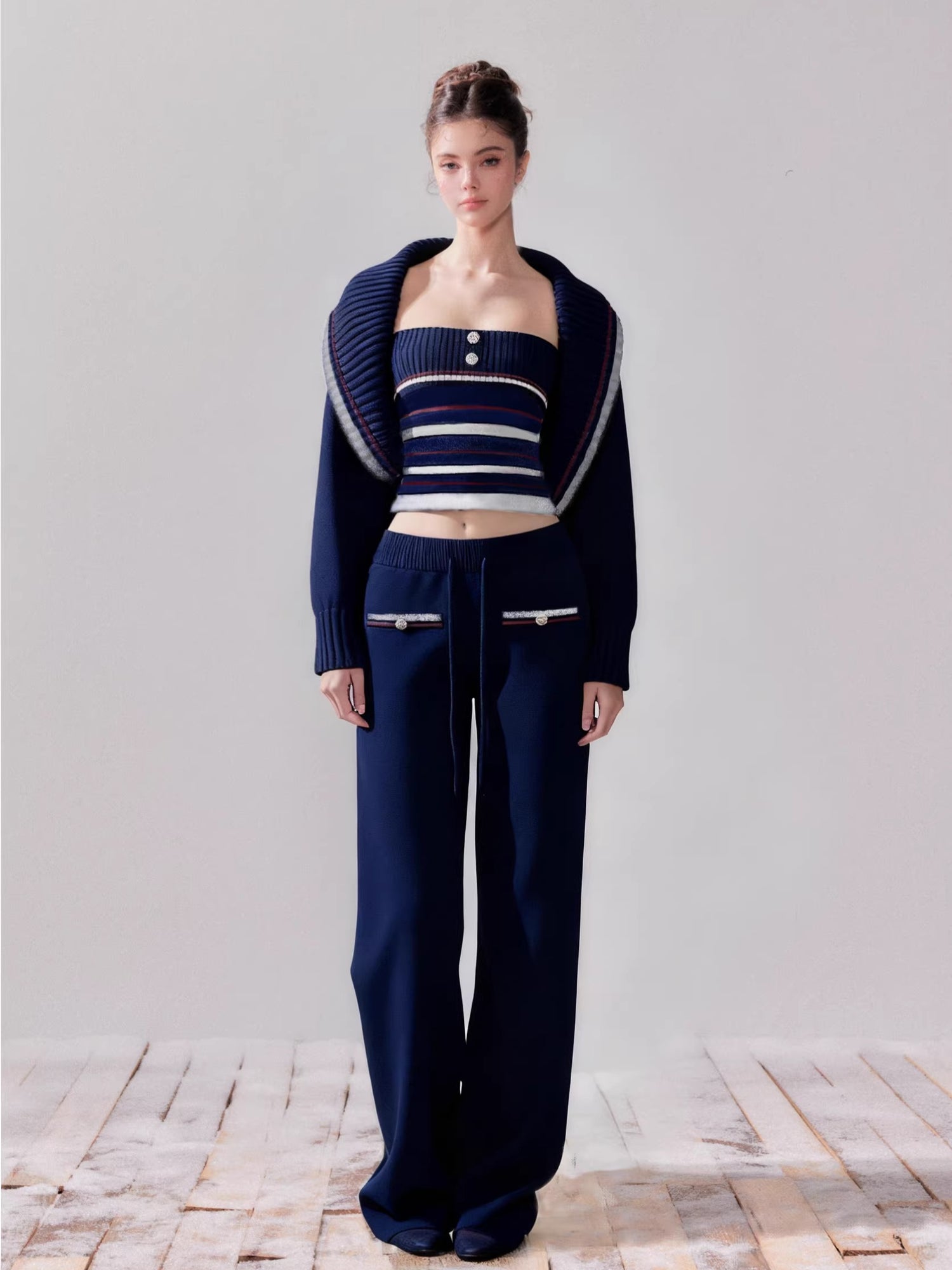 Navy Blue Striped Oversized Collar Knit Cardigan and Pants Set