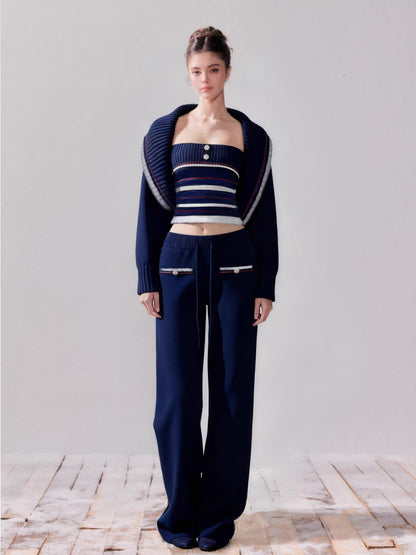 Navy Blue Striped Oversized Collar Knit Cardigan and Pants Set