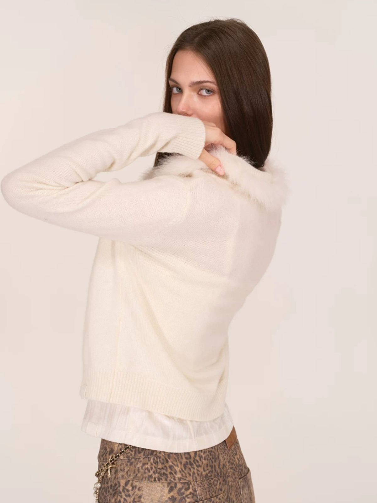 Fox Fur Trim Wool Cardigan