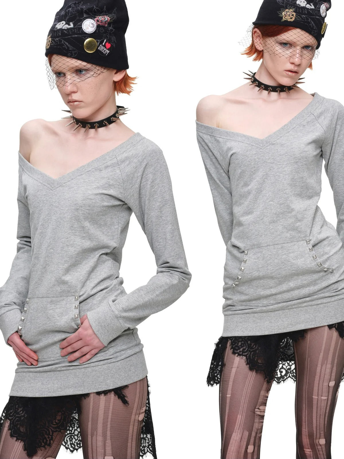 V-Neck Studded Slim Sweatshirt