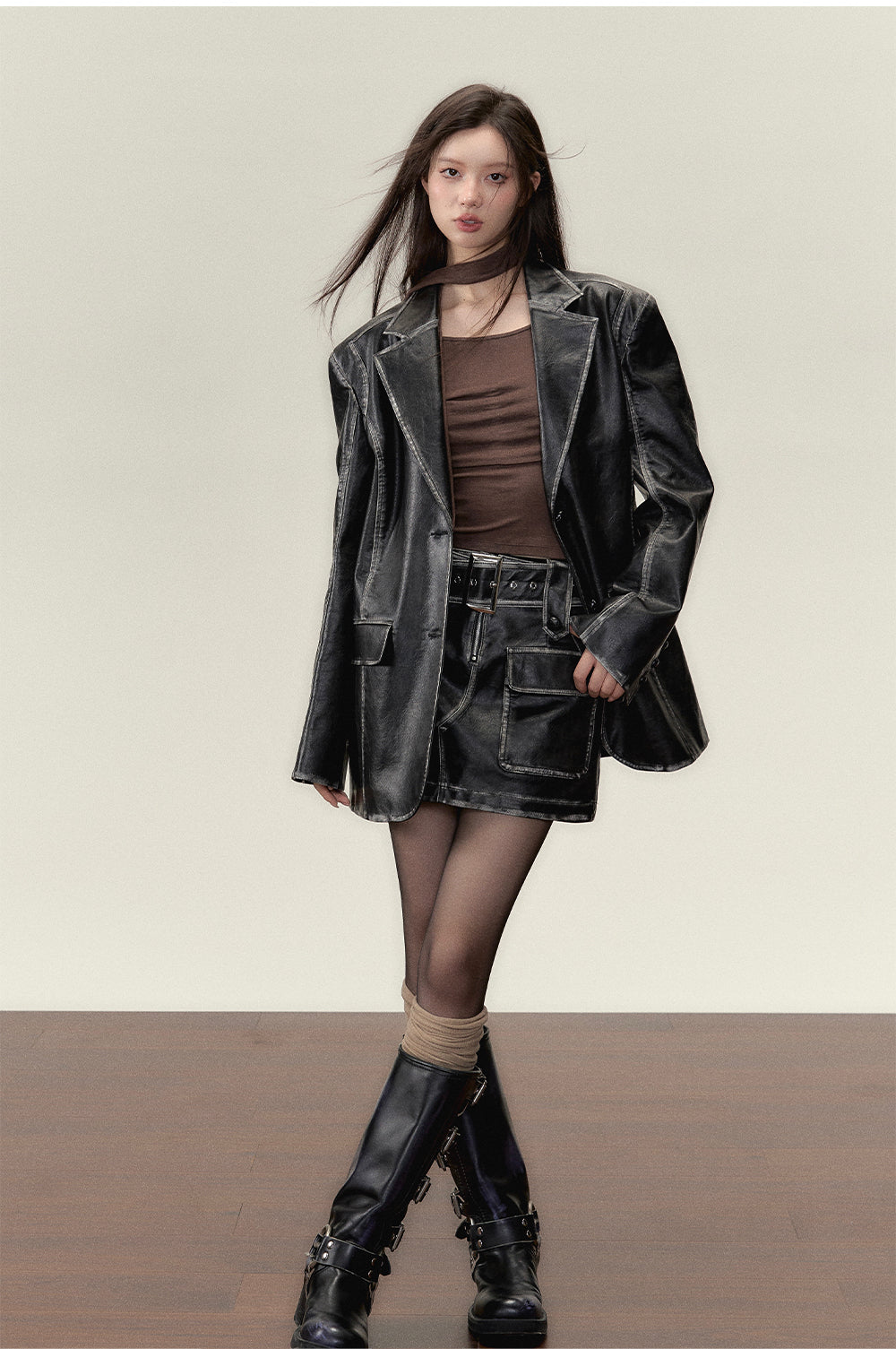 Vintage PU Leather Jacket &amp; Skirt Two-Piece Set