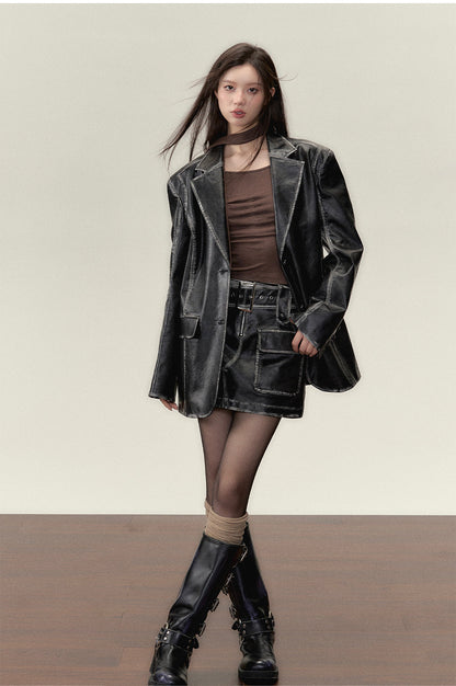 Vintage PU Leather Jacket &amp; Skirt Two-Piece Set