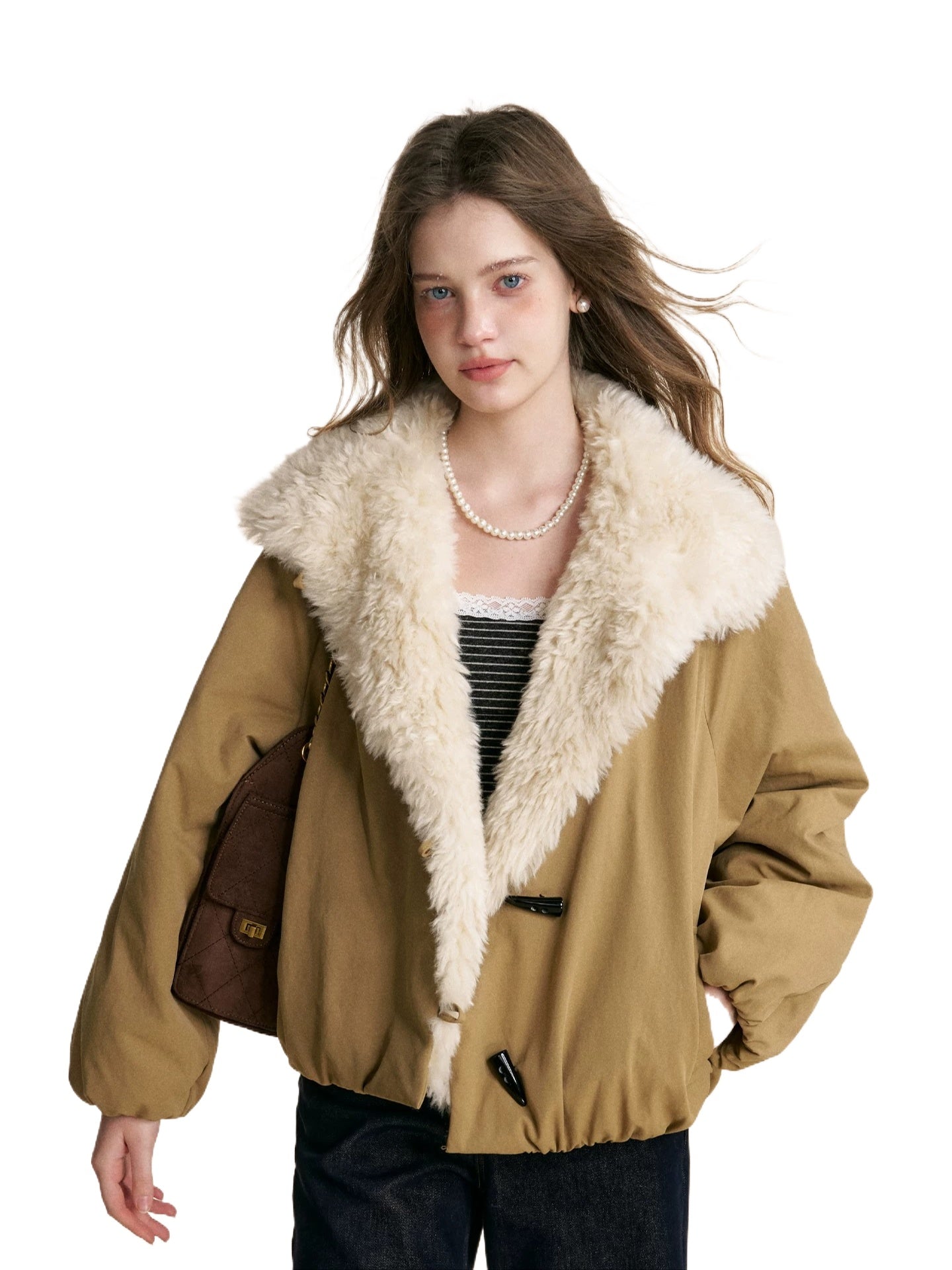 Khaki Shearling Collar Parka Jacket