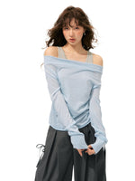 Fake Two-Piece Color-Block Draped Collar Knit Top