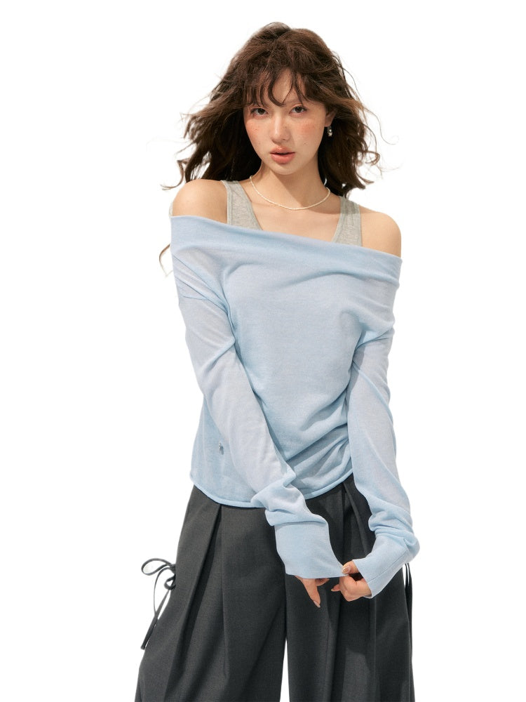 Fake Two-Piece Color-Block Draped Collar Knit Top