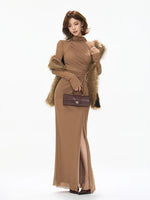 Caramel Ruched Turtleneck Slit Dress