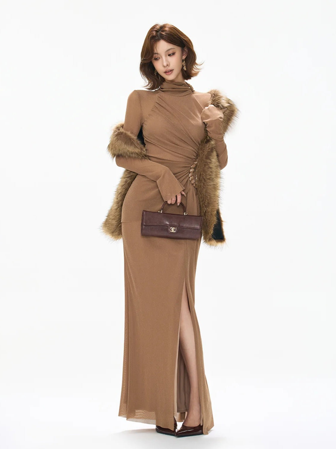 Caramel Ruched Turtleneck Slit Dress