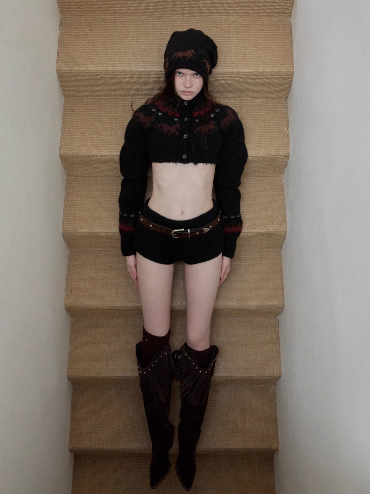 Fair Isle Pony Jacquard Knit Short Cardigan &amp; Shorts Set