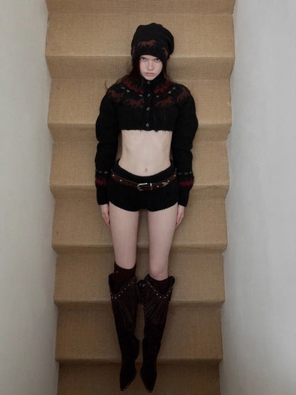 Fair Isle Pony Jacquard Knit Short Cardigan &amp; Shorts Set