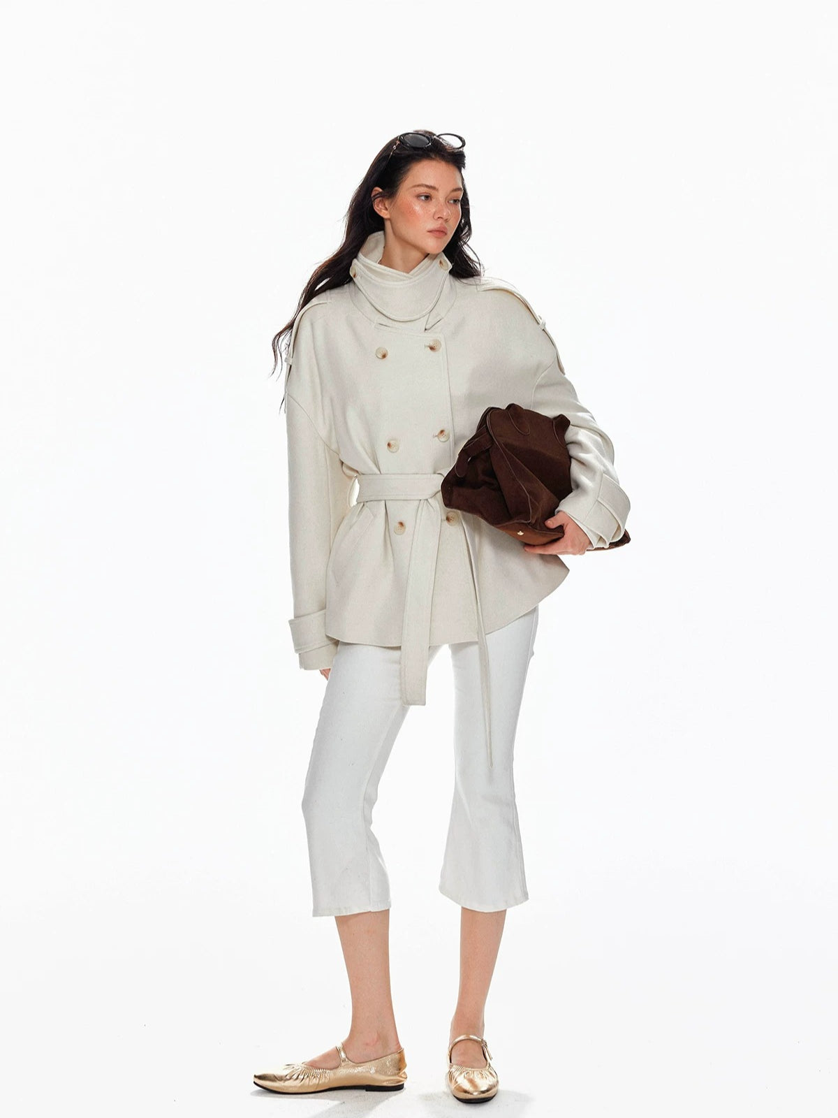 Wool Double Breasted Belted Short Coat