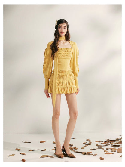 Pleated Ruffle Knit Top &amp; Skirt Set