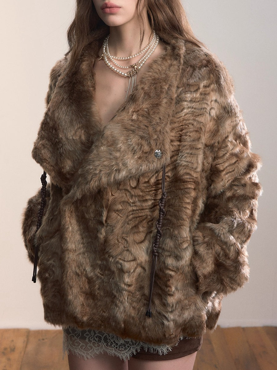 Textured Custom Large Notch Collar Faux Fur Coat
