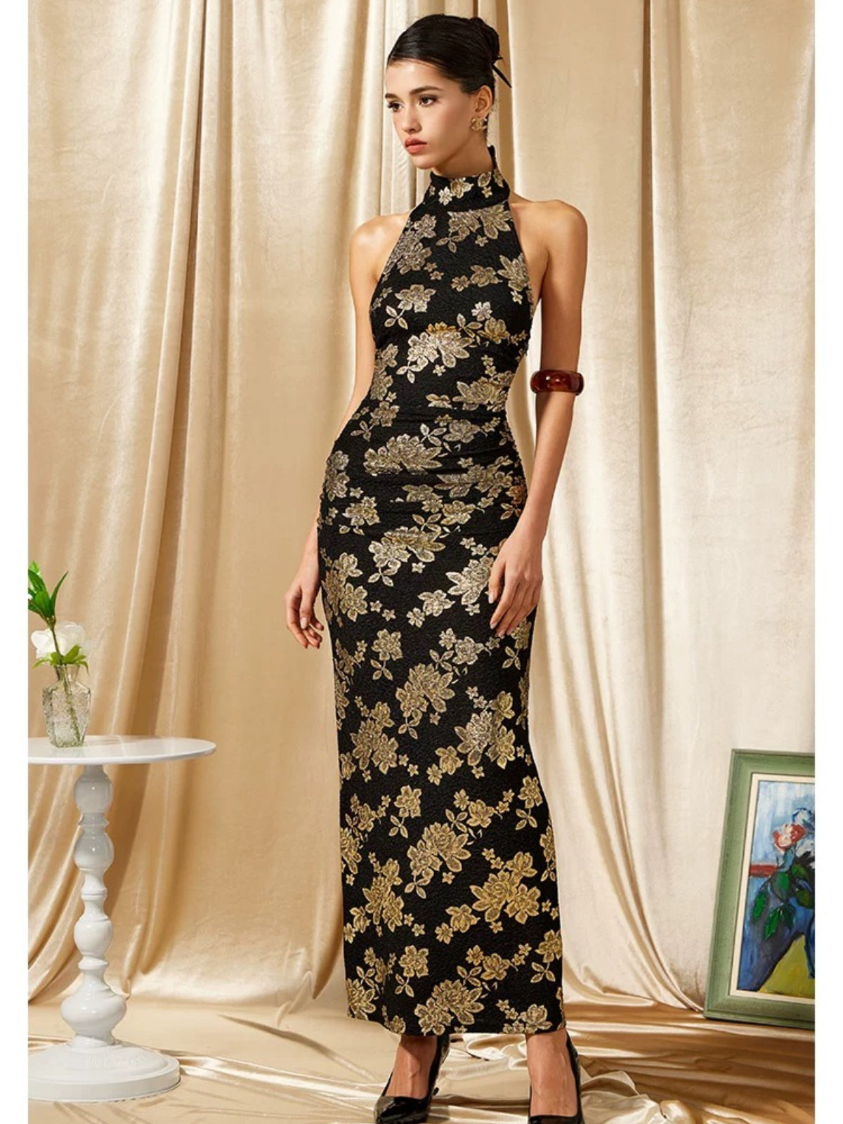 Black Gold Halter Qipao Evening Dress