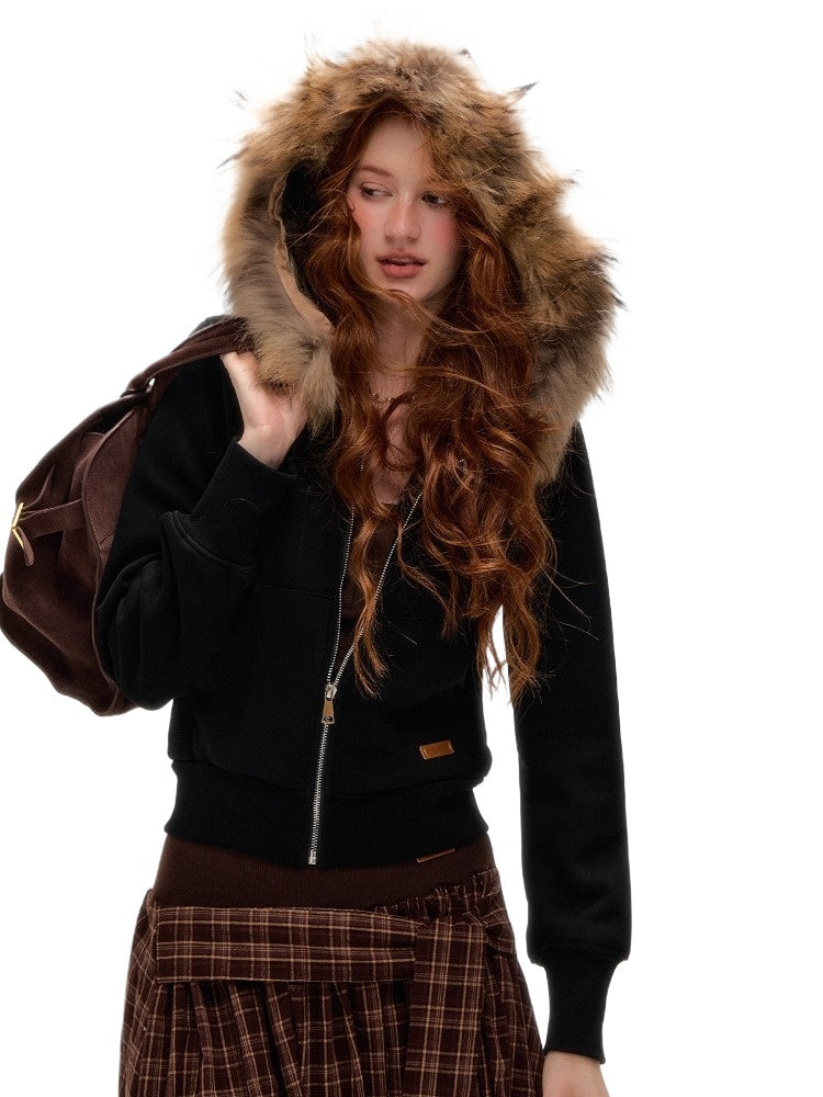 Vintage Faux Fur Collar Fitted Short Jacket