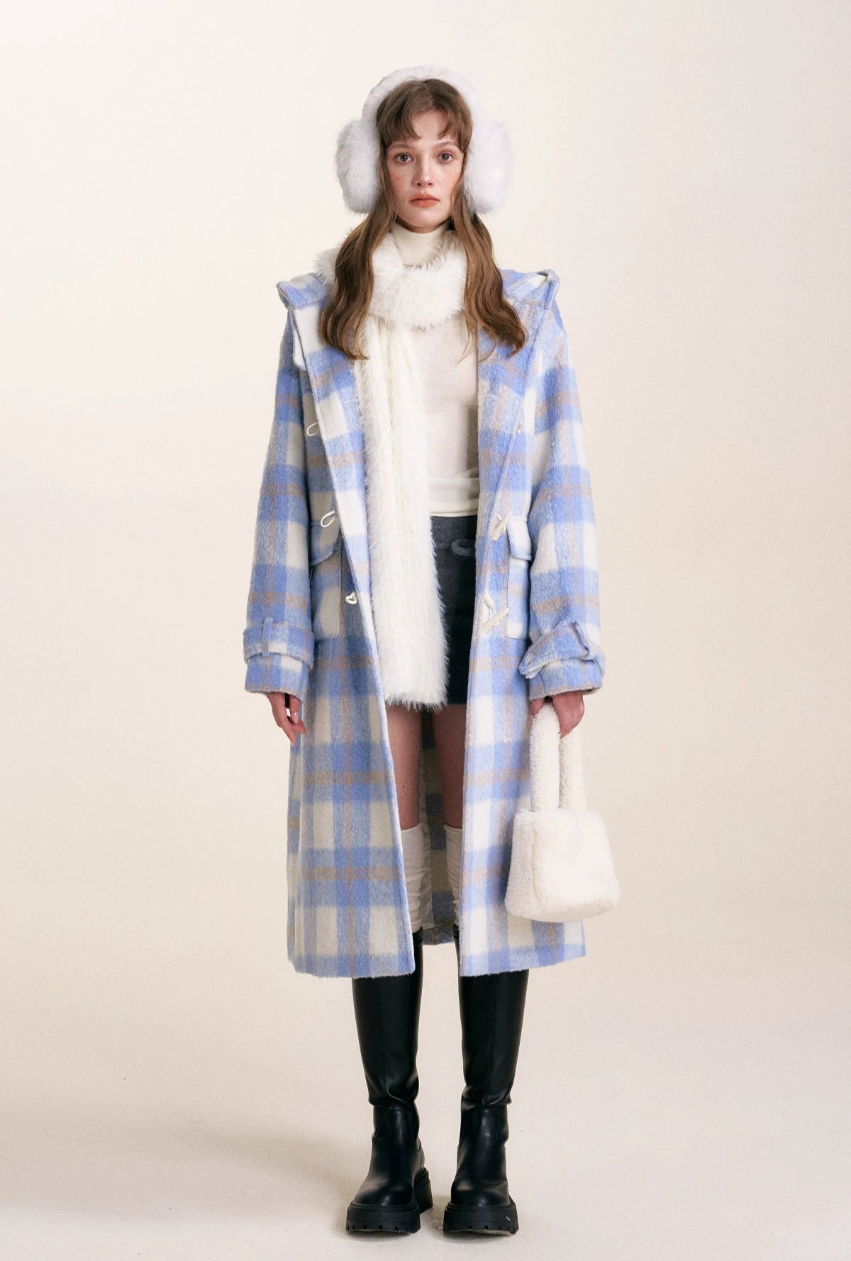 Blue Check Hooded Wool Coat