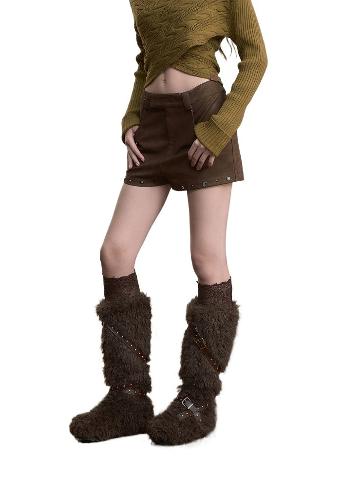 Brown Studded Faux Suede Shorts