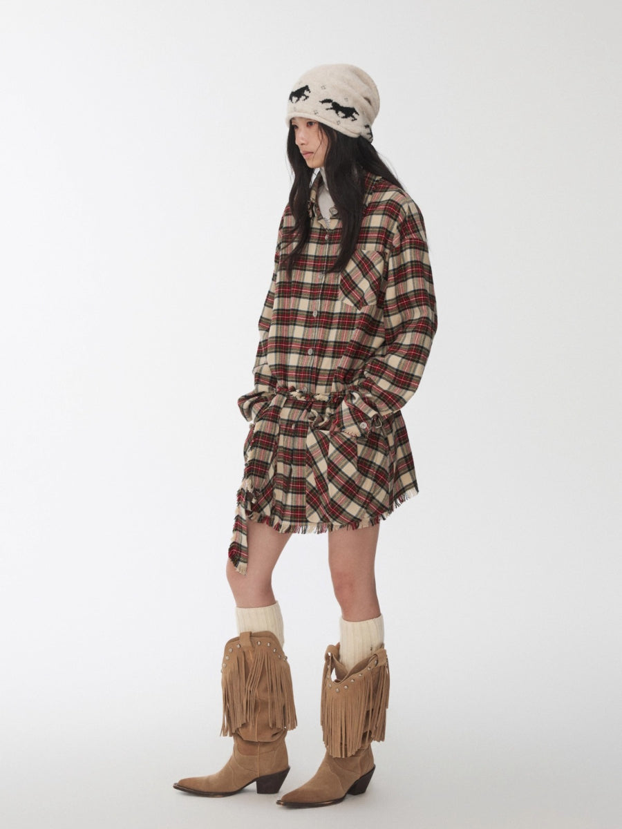 Vintage Red Plaid Frayed-Edge Utility Shirt Dress