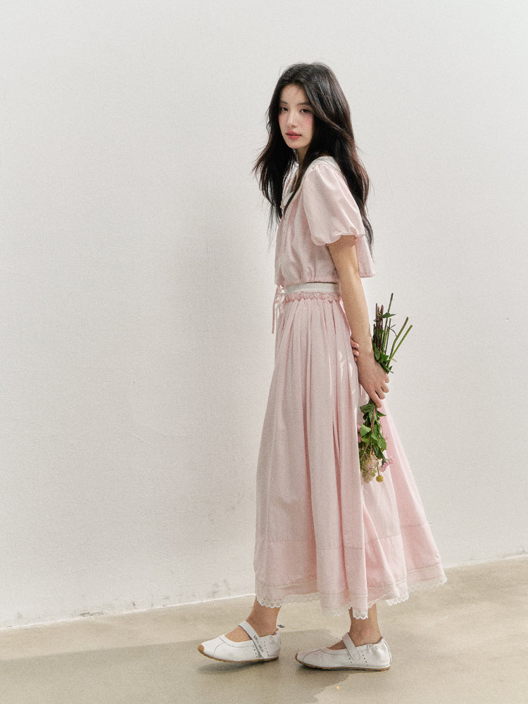 Pink Doll‑Collar Drawstring‑Hem Blouse &amp; Flared Midi Skirt