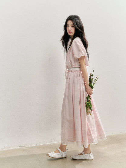 Pink Doll‑Collar Drawstring‑Hem Blouse &amp; Flared Midi Skirt