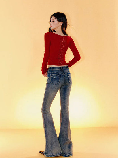 Lace Backless Tie-Up Long Sleeve T-shirt