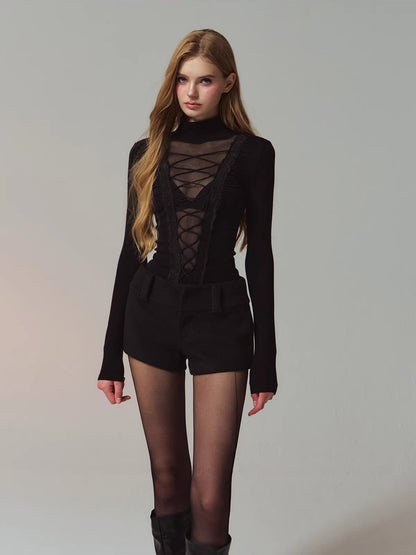 Lace Panel Mesh Laced Knit Top