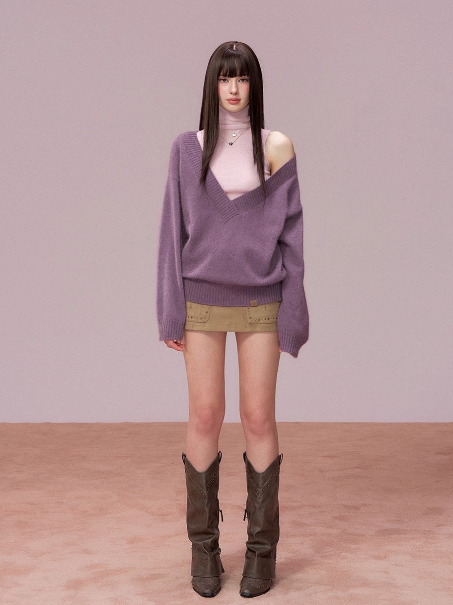 V-Neck Ribbed Knit Sweater