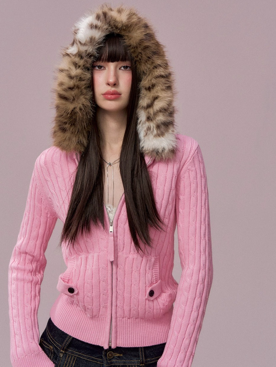 Faux Fur Collar Cable Knit Cardigan