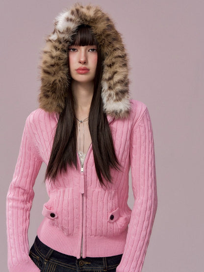 Faux Fur Collar Cable Knit Cardigan