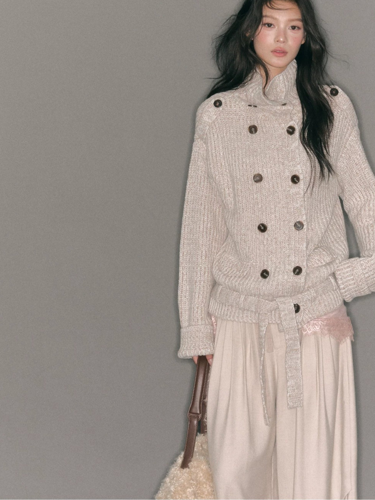 Double-Breasted Turtleneck Knit Cardigan