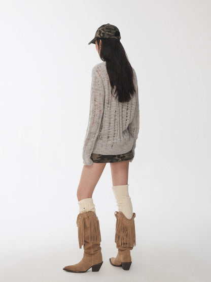 Icelandic Animal Jacquard Cutout Knit Sweater