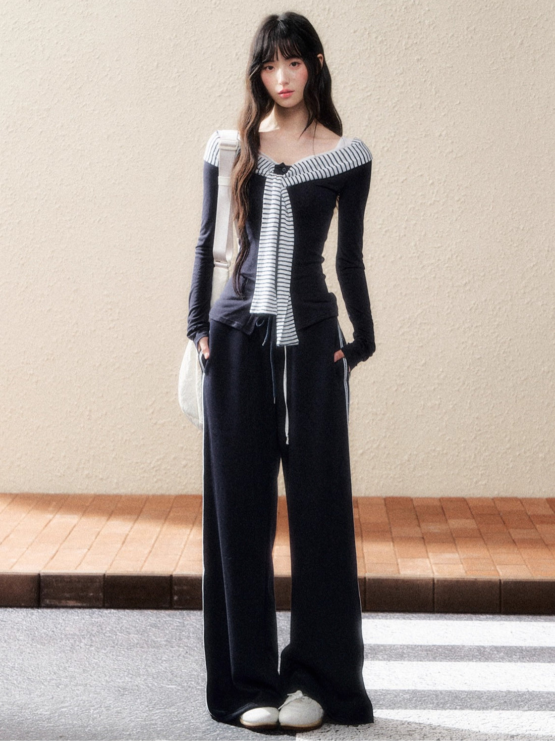 Navy Contrast Knit Blouse