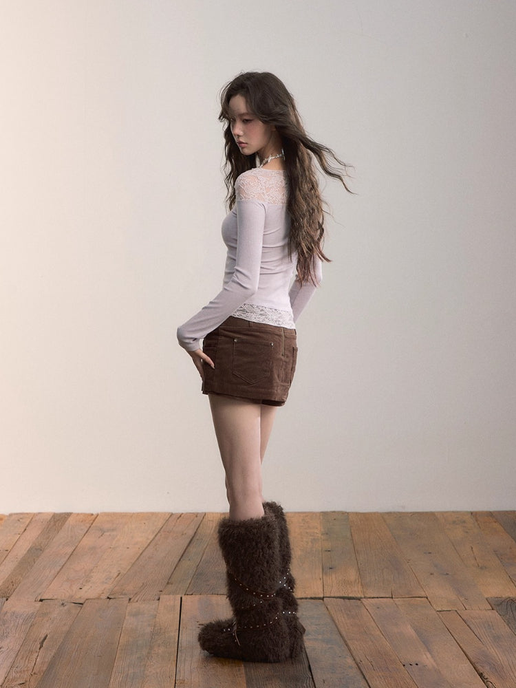 Lace-Trim V-Neck Long-Sleeve Knit Top