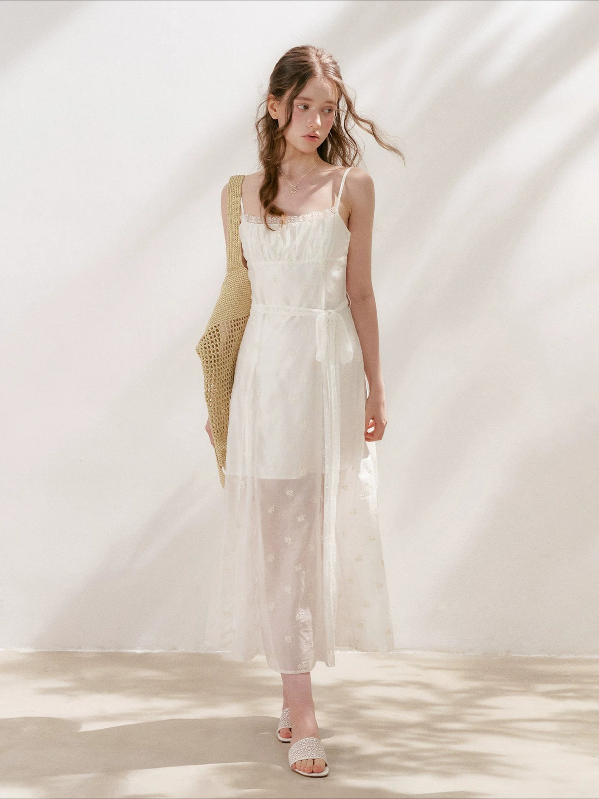 Apricot Embroidered Lace Midi Dress